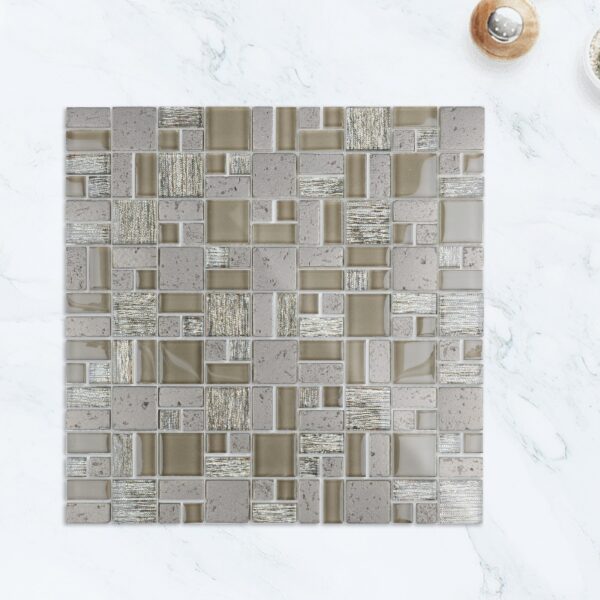 Grey Square Stone Glass Mosaic Tile Lndoor Kitchen Bathroom Wall Decoration Tiles Stone Mosaic Factory